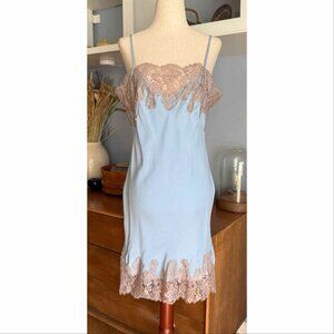 Vtg Y2K Gold Hawk Silk Chemise Slip Dress Blue w/ Grey Lace Trim Coquette Fairy